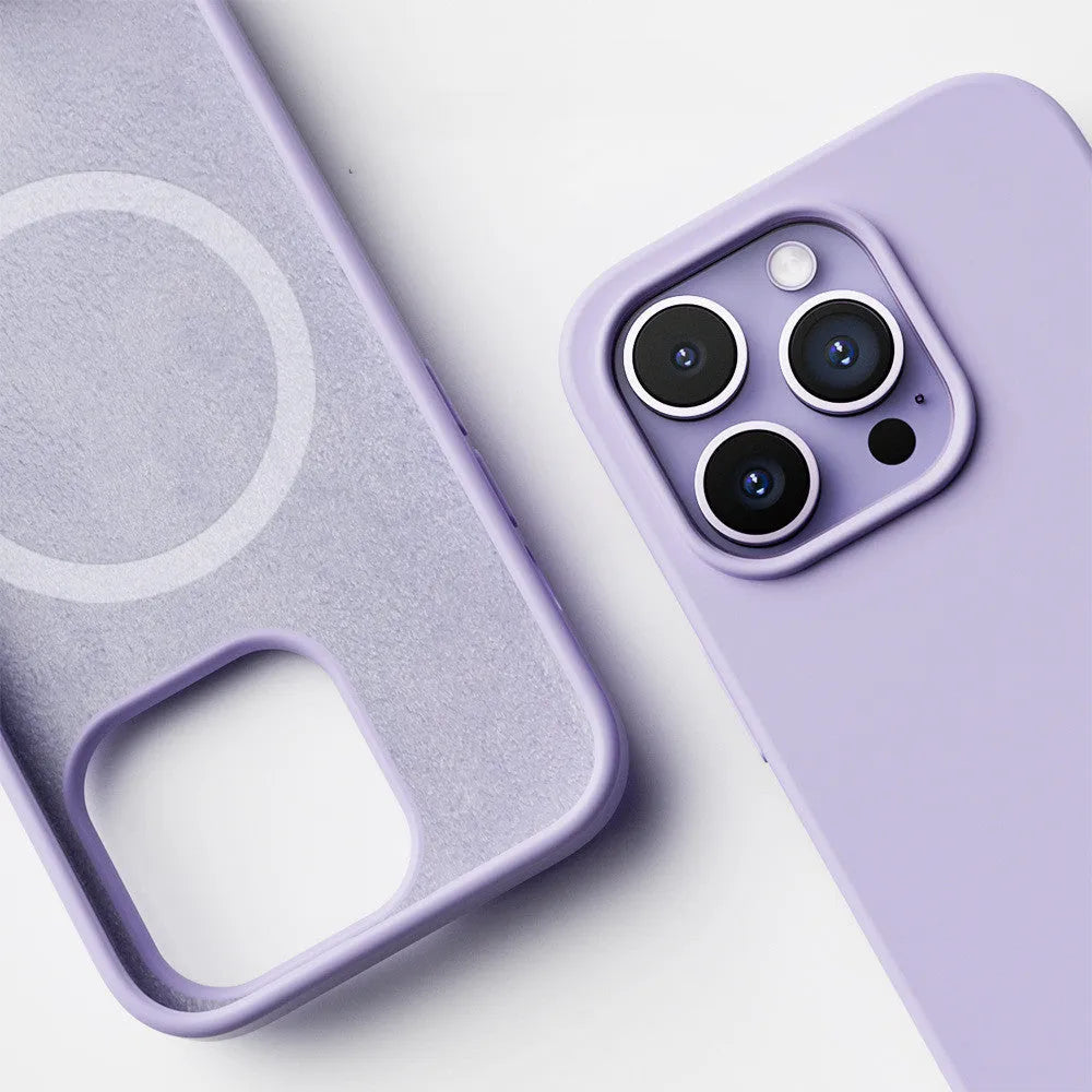 Liquid silicone magnetic phone case for iPhone 14 series in light purple with Magsafe compatibility