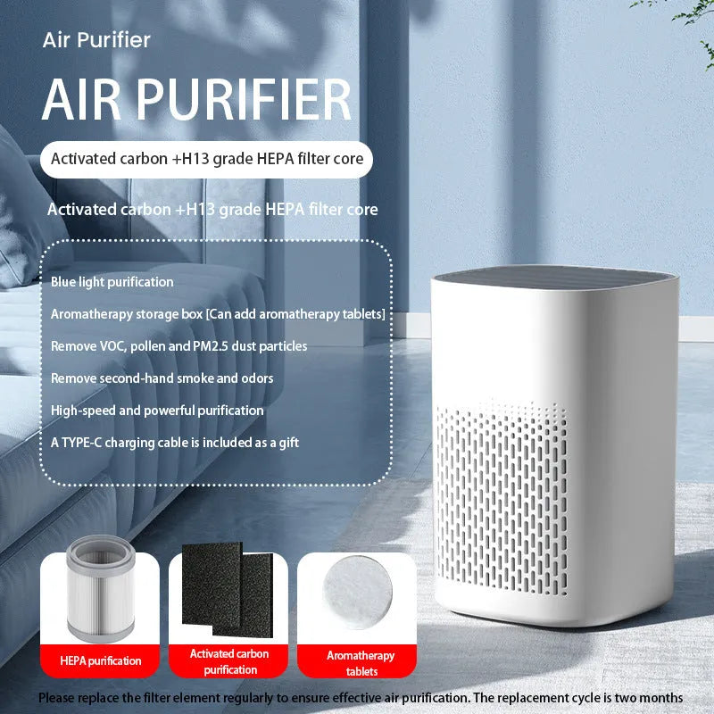 Simple style desktop air purifier with USB cable for rooms under 10 square metres.