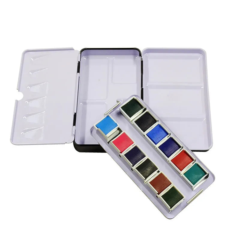 Solid watercolour tinplate folding paint box shown in square design, available in three sizes.
