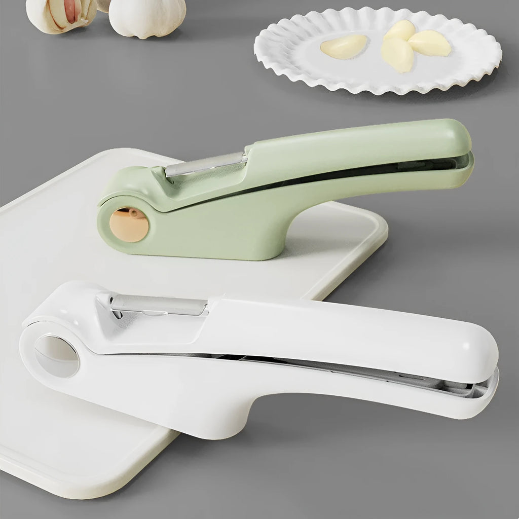 Manual garlic press kitchen gadget with ABS and stainless steel construction in white green orange colours