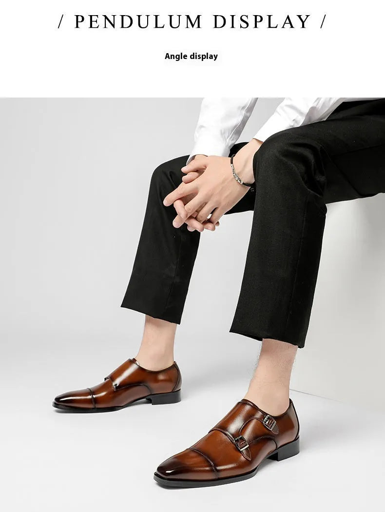 Men's black and light brown leather business shoes with square toe design and rubber sole
