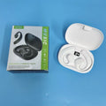 Black and white ear-mounted Bluetooth headset with digital display screen on side