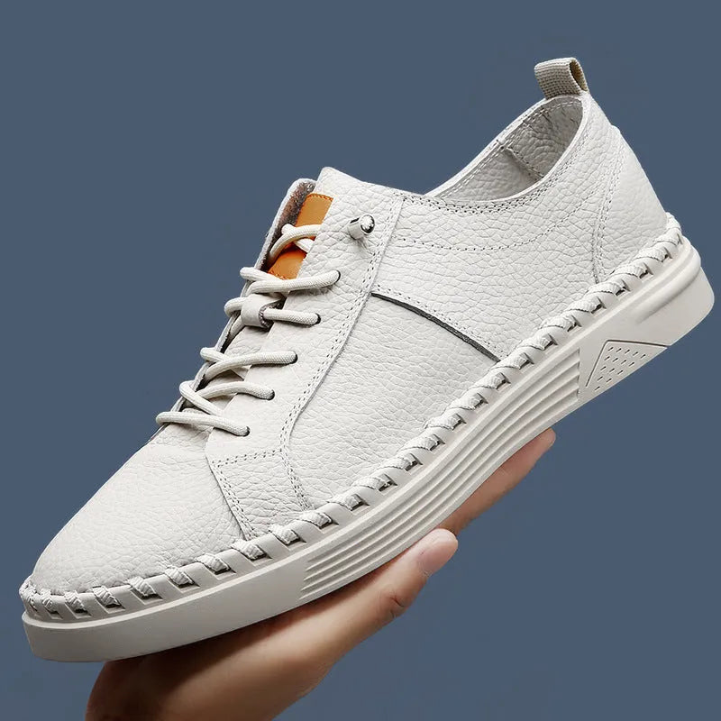 First layer cowhide men's casual sneakers round toe stitching detail beige colour