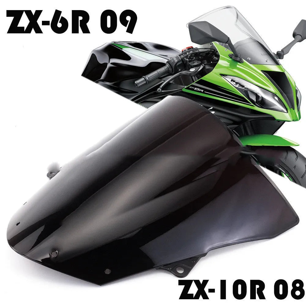 Transparent blue and brown motorcycle windscreen for Kawasaki ZX-6R and ZX-10R sportbikes.