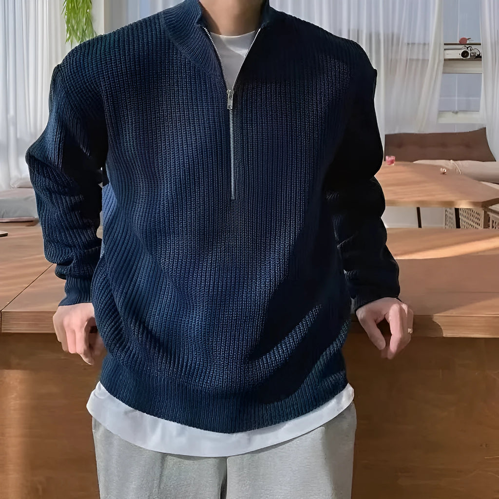 Men's loose fit half zip pullover sweater in black polyester blend long sleeves casual spring autumn top