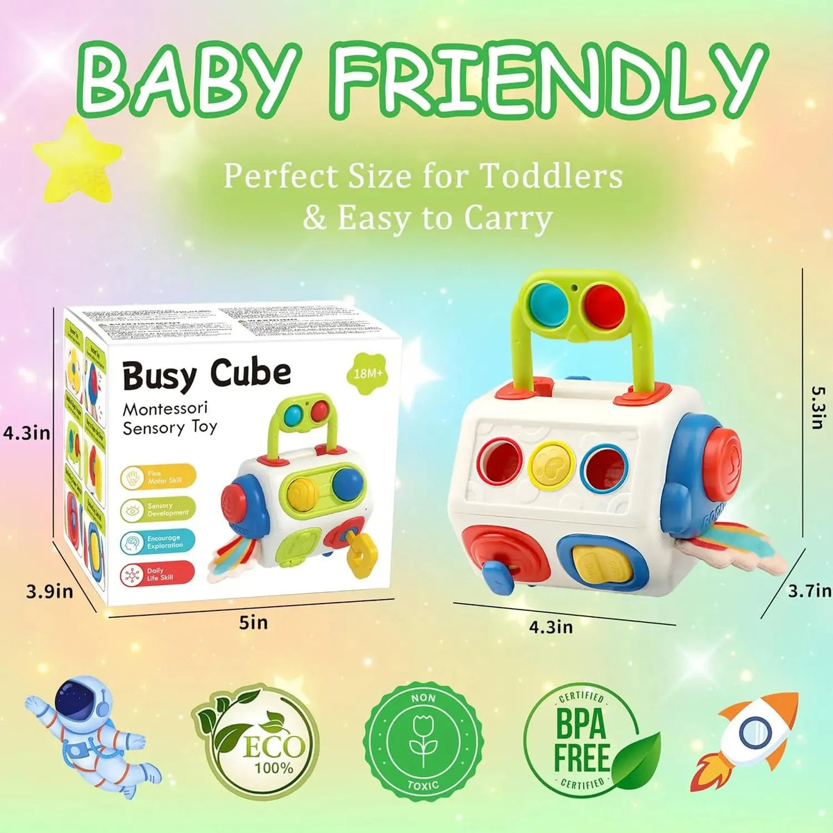 9-in-1 busy cube baby toddler toy, plastic Montessori sensory fidget busy board, 12.5 x 10 x 11cm