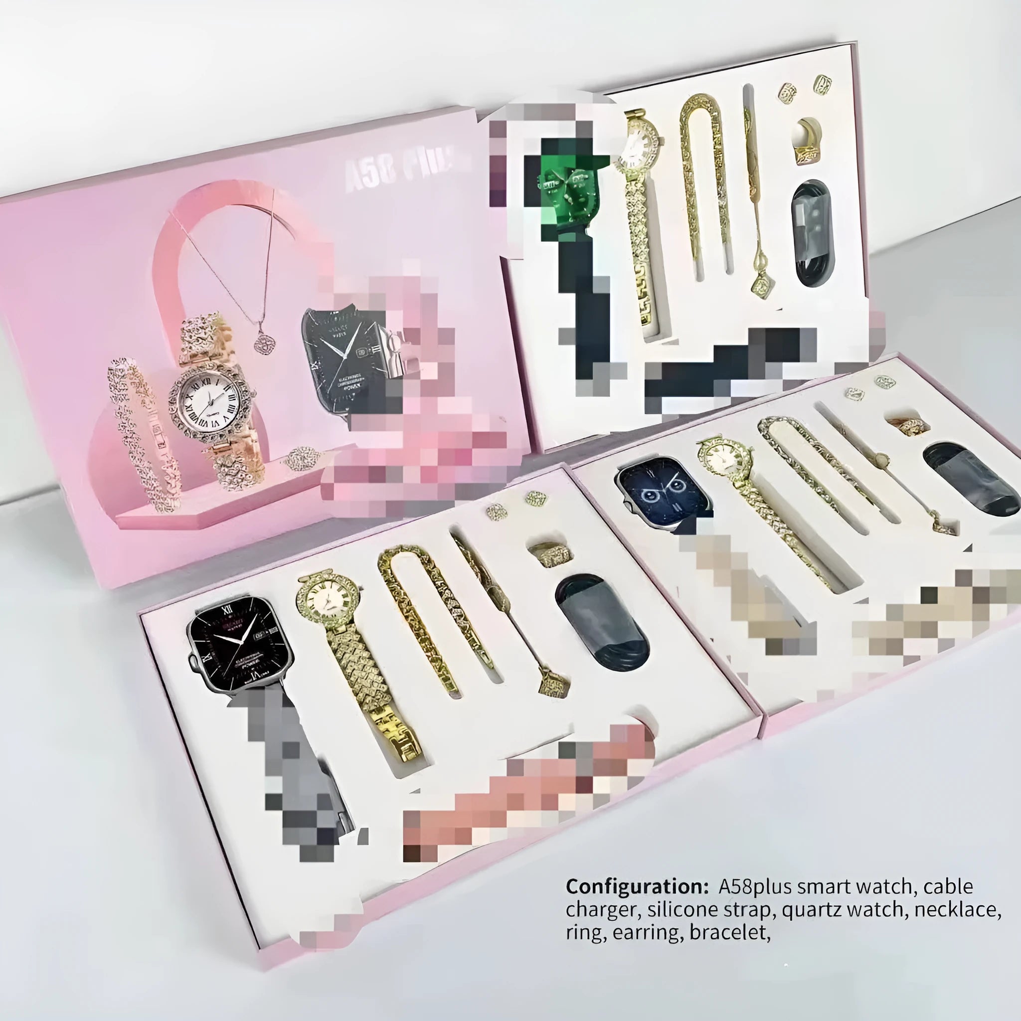 A58plus and A59plus smart watches in multiple colours showing Bluetooth calling function and complete bundle contents