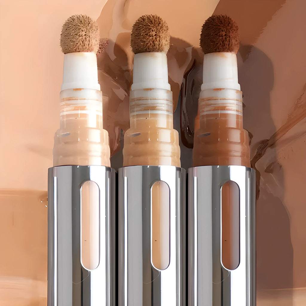 Waterproof concealer contour stick with liquid pen applicator showing 24 colour shades