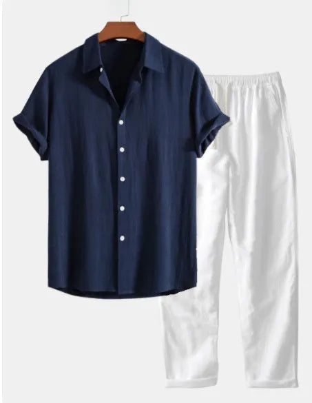 Navy blue casual cotton linen short sleeve summer suit with glasses, shoes, and watch accessories