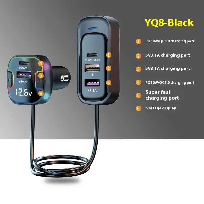 YQ8-Black car PD fast charger with front and rear charging ports showing five USB connections