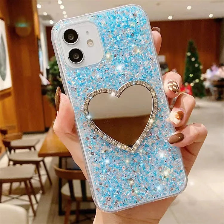 Epoxy mirror heart shape rhinestone phone case in glitter gold for Apple iPhone showing full coverage design