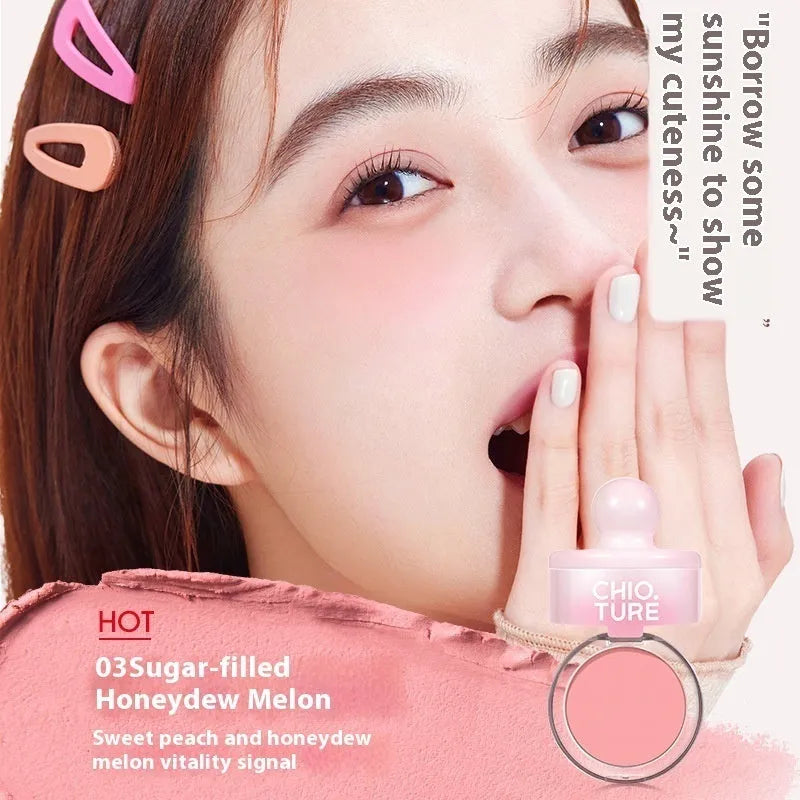 Blush powder compact in nude shimmer shades: Oxygenated White Peach, Sweet Potato Heartbeat, Sugar Heart Melon, Good Peanut