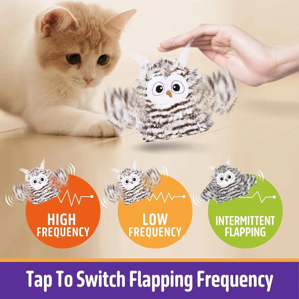 Grey owl-shaped interactive cat toy with automatic chirping and wing-flapping functions