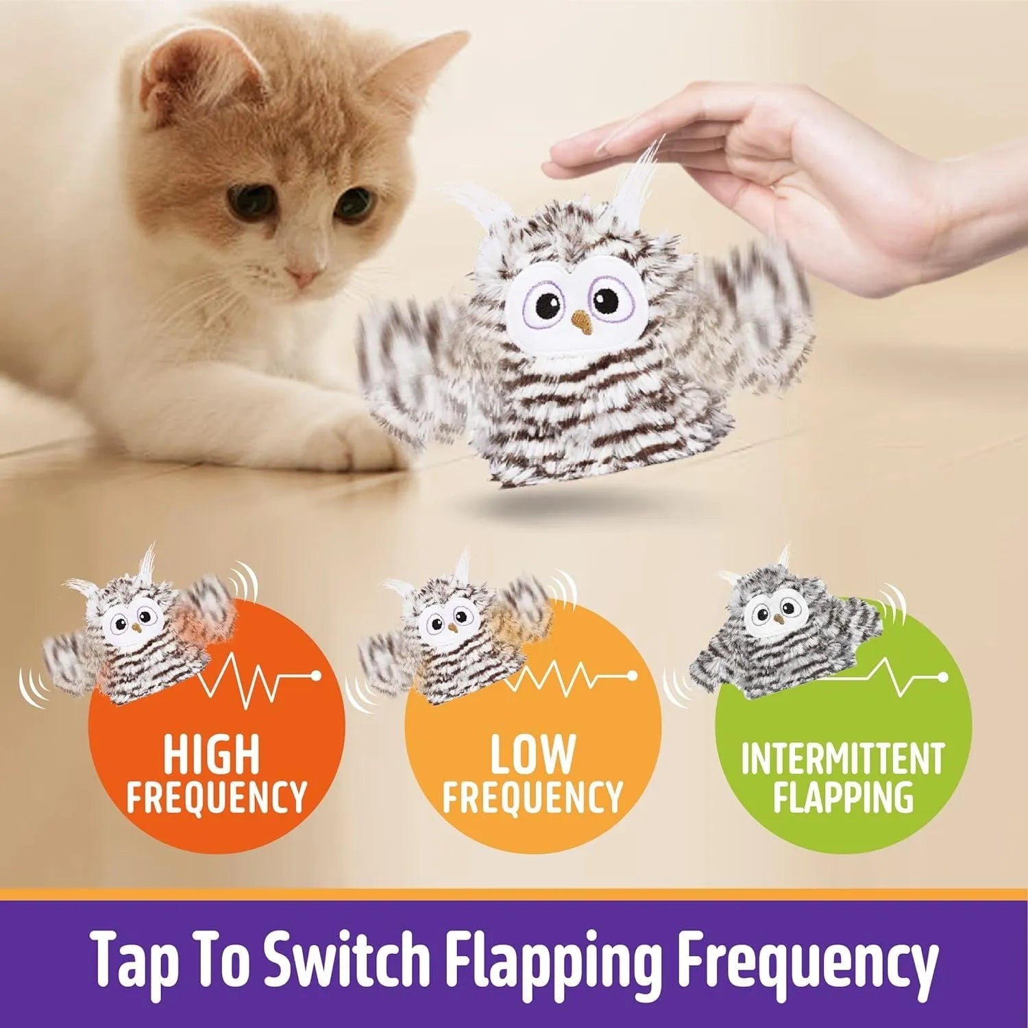 Grey owl-shaped interactive cat toy with automatic chirping and wing-flapping functions