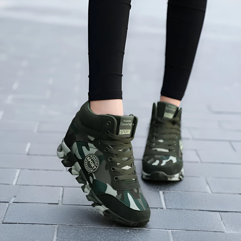 Green women's canvas sneakers with camouflage pattern and rubber sole