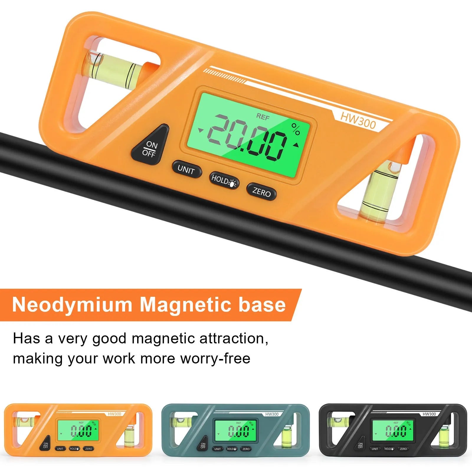 Digital display inclinometer level meter with magnetic base showing angle measurement on metal surface