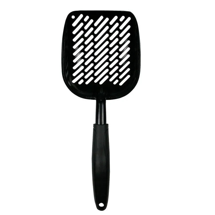 Alloy cat litter scoop with plastic handle on a cat litter box, showing cat face hole design for sifting.
