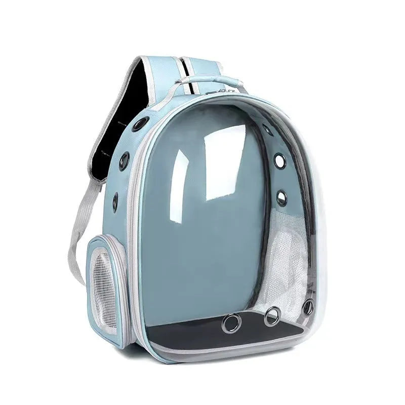 Grey astronaut dome-shaped cat carrier bag with a side opening for pet access.