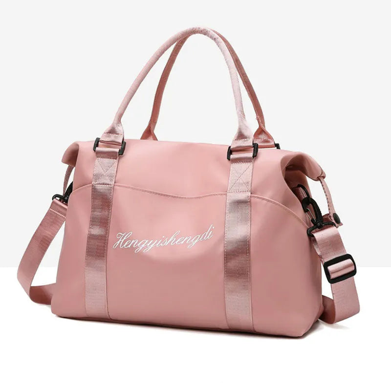Medium 36-55L Oxford cloth travel duffel bag with zip pockets, soft handle, available in blue, black, grey and pink.