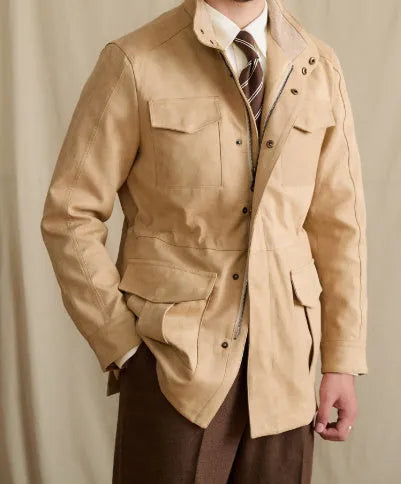 Women's faux suede cowhide safari jacket with stand collar and slim waist in coffee colour