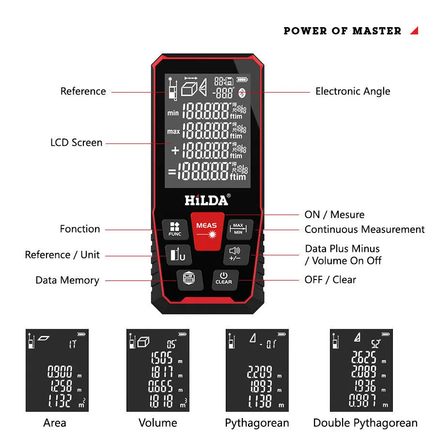 A handheld laser rangefinder with a plastics housing for distance measurement up to 120 metres.