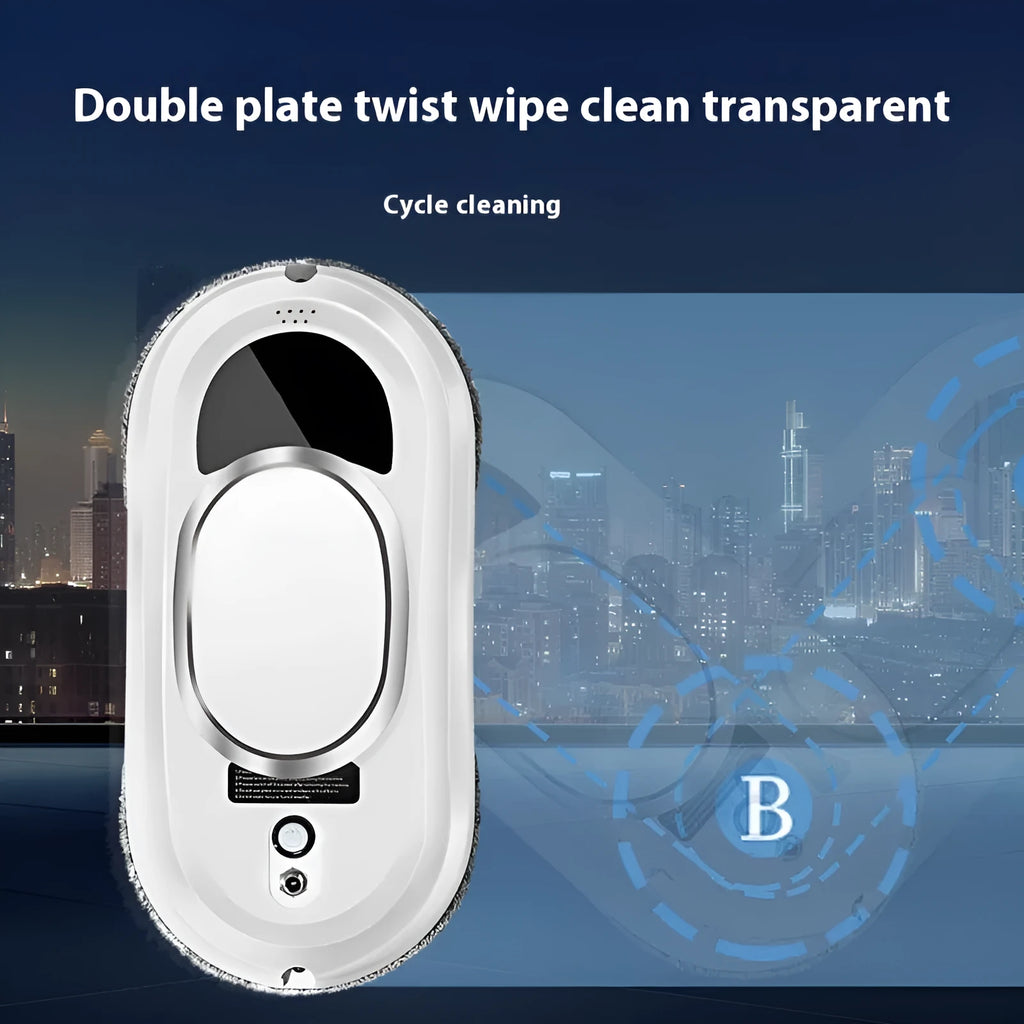 White full-automatic high-altitude window cleaning machine with remote control on a windowsill.