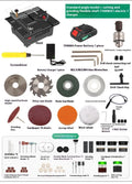 Compact metal cordless desktop saw with lithium battery on a workbench