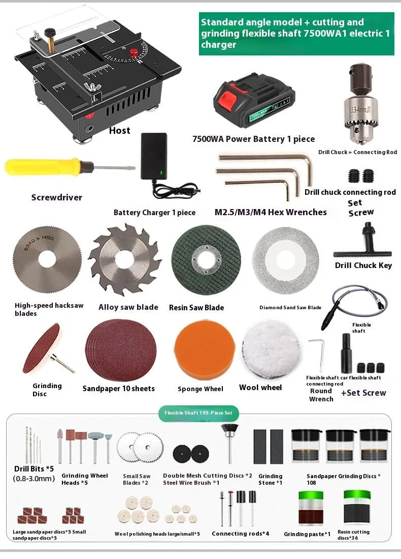 Compact metal cordless desktop saw with lithium battery on a workbench