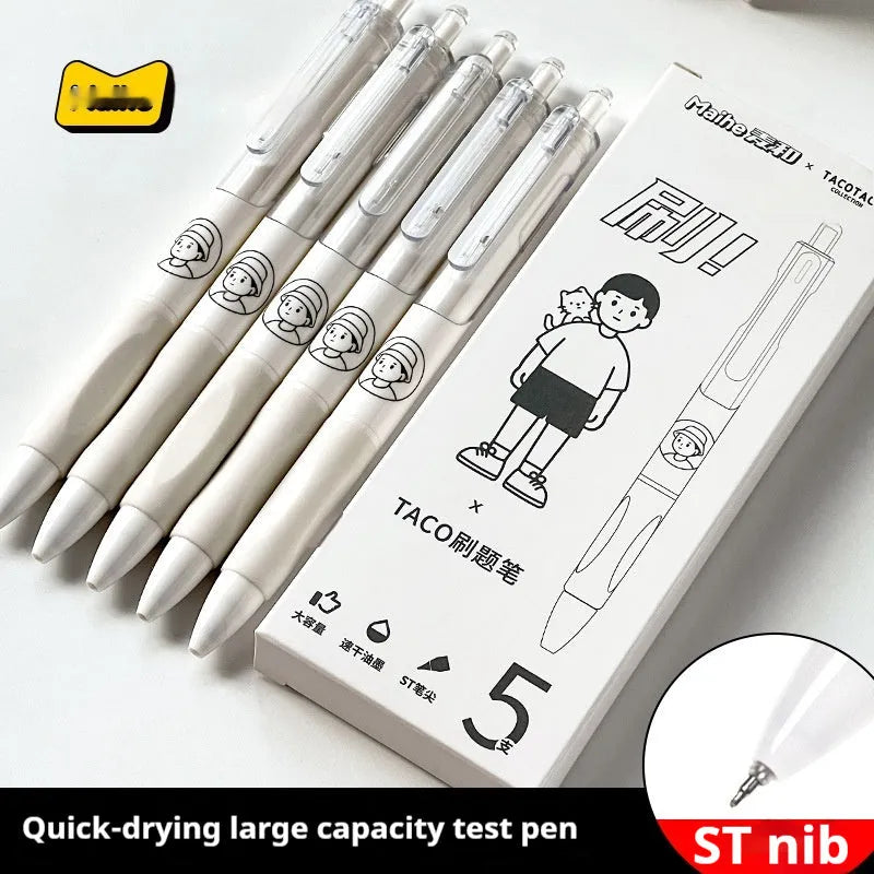Set of five white and black 0.5mm ballpoint pens with quick-drying ink.