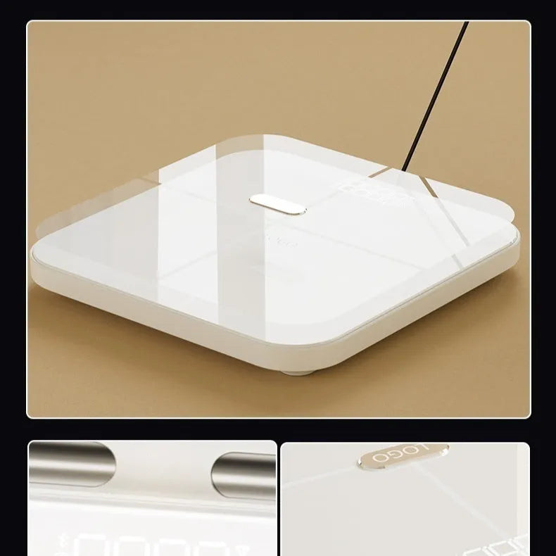 White intelligent body fat scale with eight metal electrodes and a large tempered glass platform.