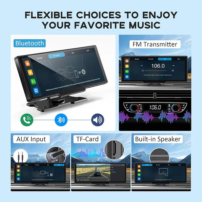 Black 10.26-inch car navigation device with dual recording cameras and suction mount for windscreen installation