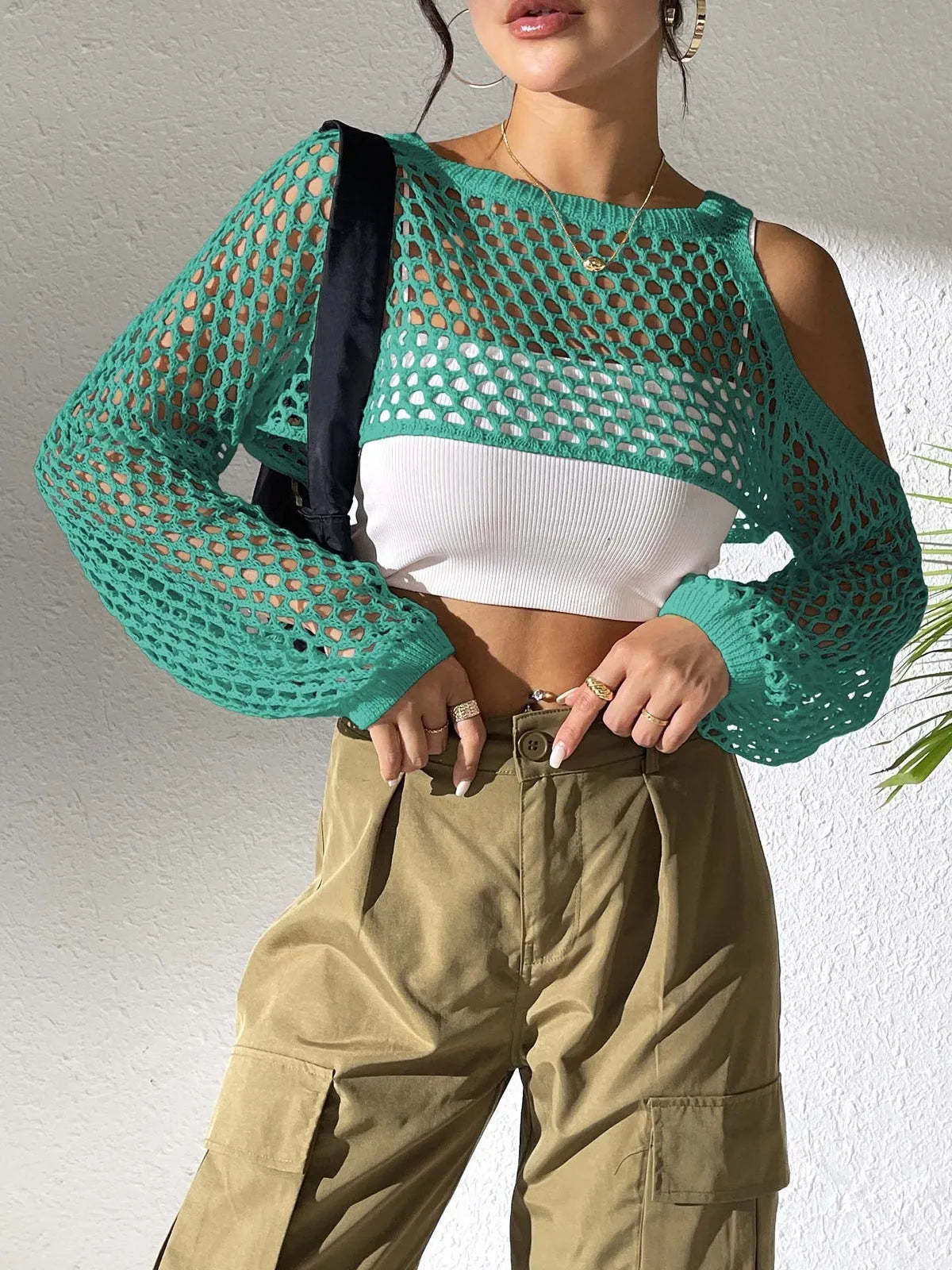 Beachwear mesh shirt with hollowed navel design in Army Green colour