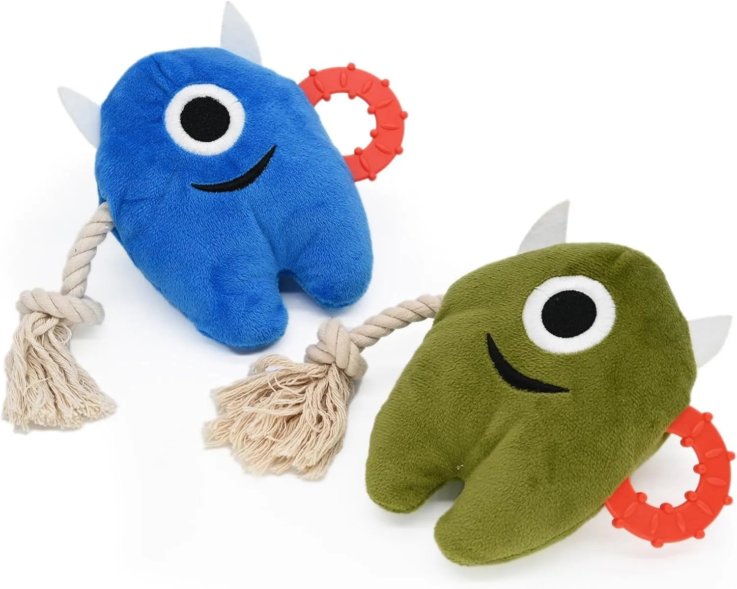 Blue and green plush dog toy with integrated cotton rope and squeaker for chewing and tug-of-war play.