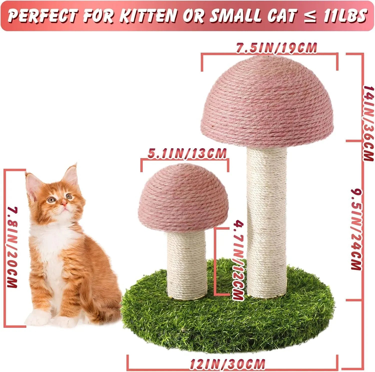 Pink mushroom-shaped cat scratching post with natural sisal fibre covering, for kittens and small cats.
