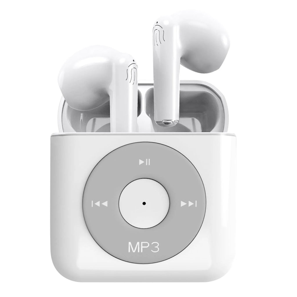 White wireless Bluetooth semi in-ear earphones with charging case on a solid background.