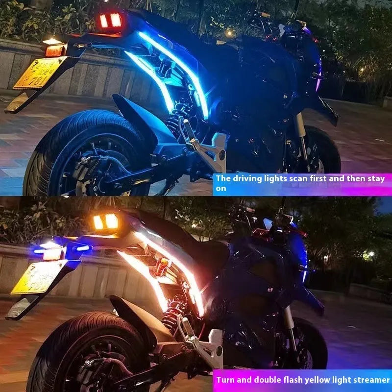 Motorcycle running water ambience light strip showing colour transition effects in PVC housing with length options