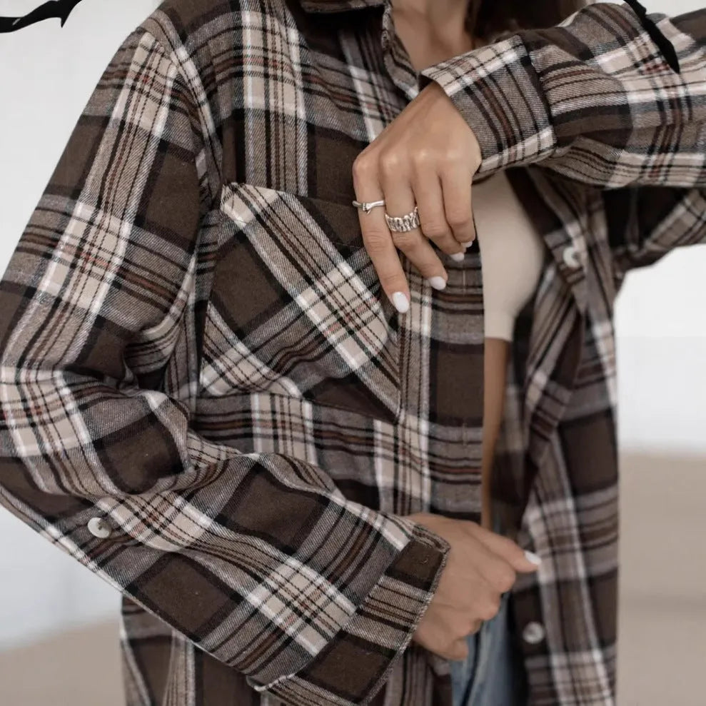 Women's dark brown striped retro shirt with plaid pattern and long sleeves