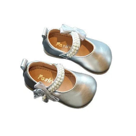 Baby girls' square mouth pumps with bow, synthetic leather, Velcro fastening, non-slip sole, beige or silver
