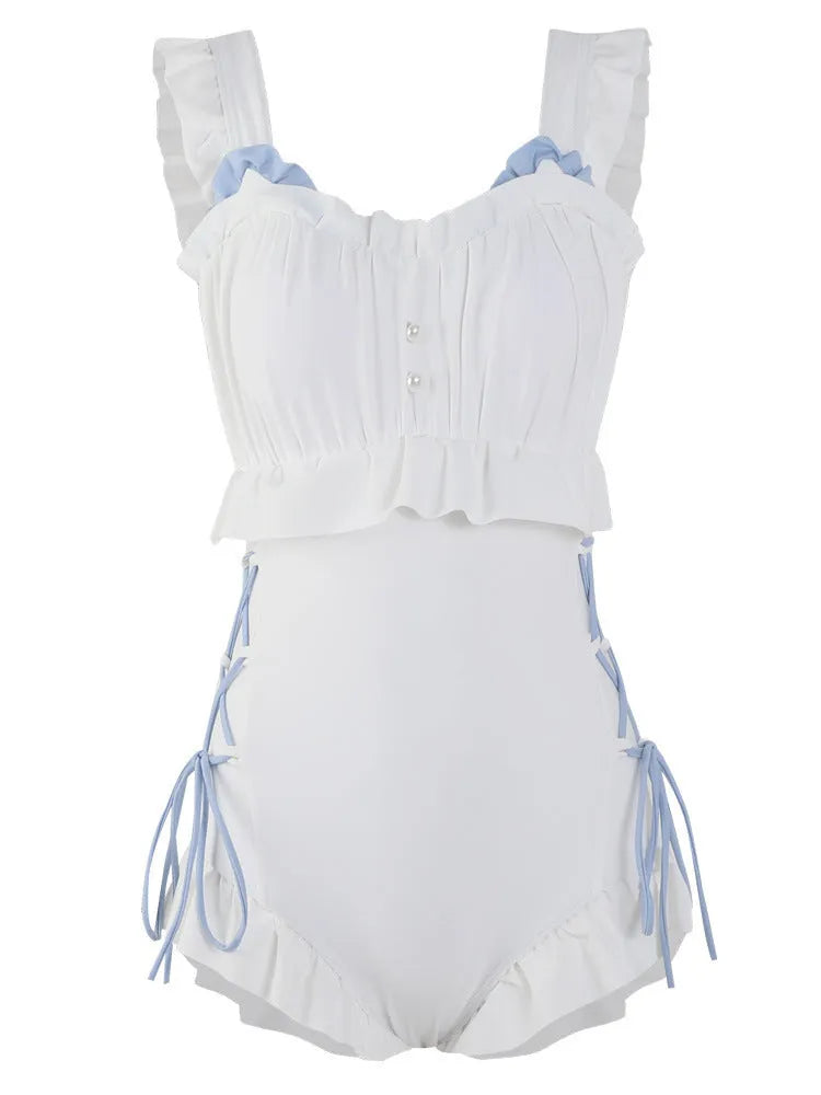 Women's Milky White backless one-piece nylon swimsuit on Asian size mannequin