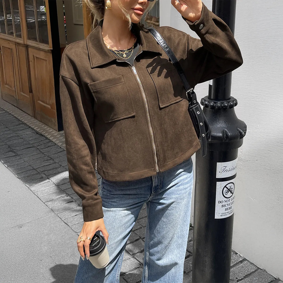 Women's Brown turn-down collar long sleeve jacket coat with regular sleeves, available in sizes S to XL.
