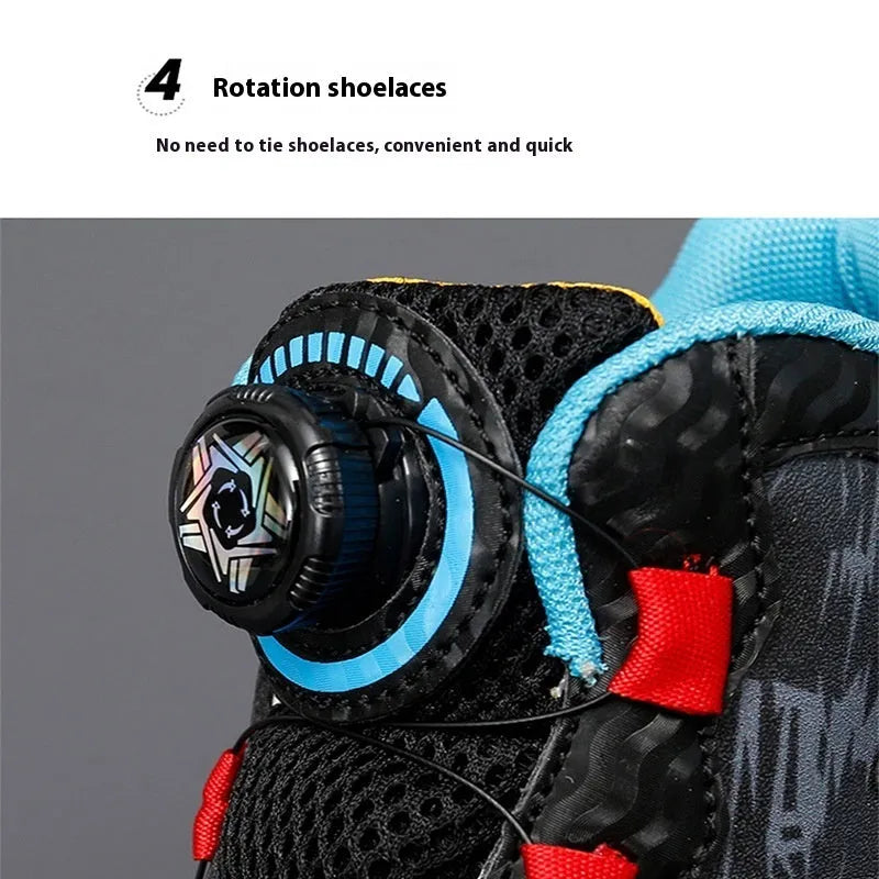 Children's rotating button basketball shoes in various colours with a synthetic leather upper and PU sole.