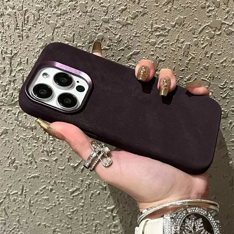Silver grey magnetic leather iPhone case with velvet material showing magnetic back