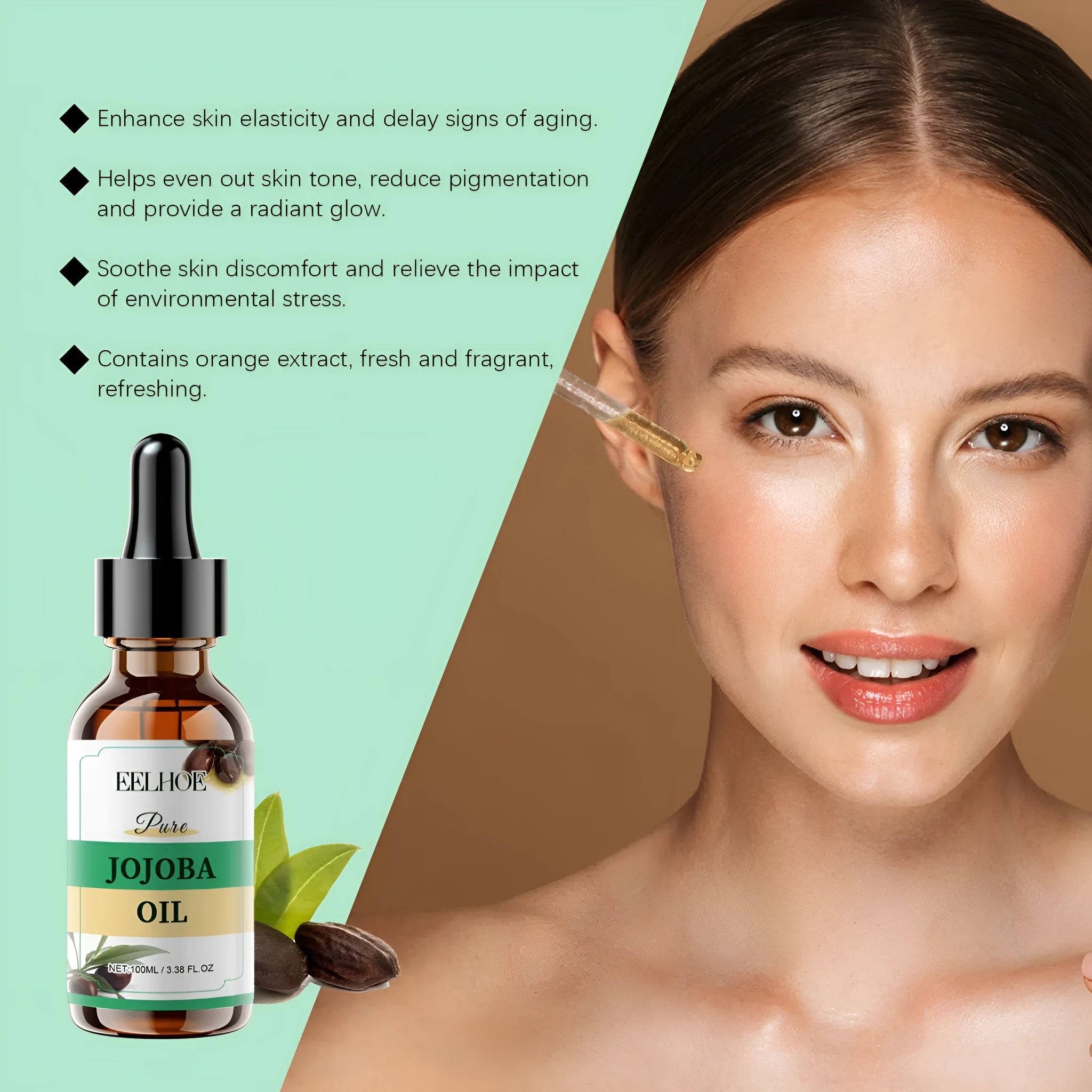 100ml organic jojoba oil facial moisturiser in glass bottle with vitamin E and orange extract