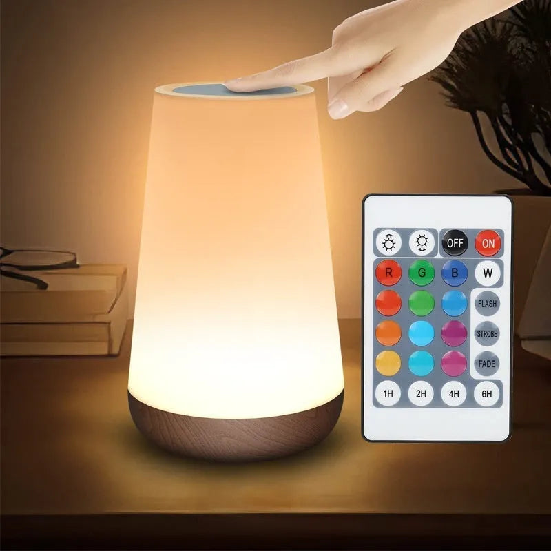 Creative wood grain rechargeable touch lamp with remote control, tapered silhouette, 3W LED
