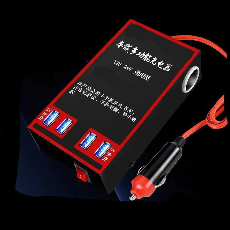 Black automotive power converter with 220V socket and USB ports for car cigarette lighter