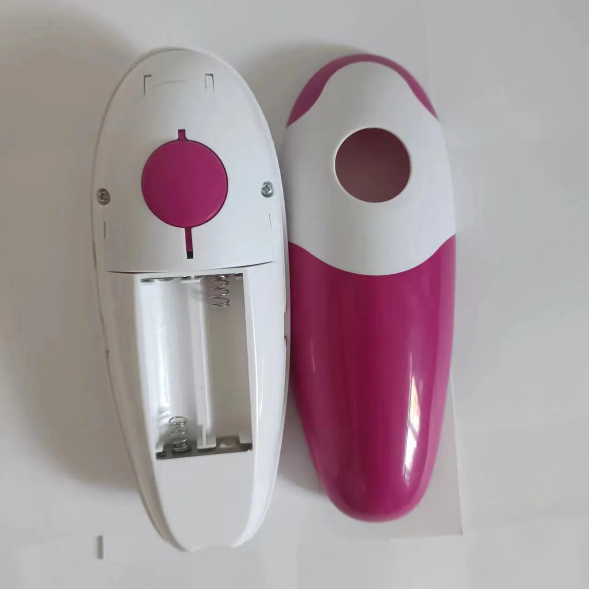Electric can opener in plastic body, 16 x 6.5 x 4.8cm, shown in light green, purplish red, sky blue and red