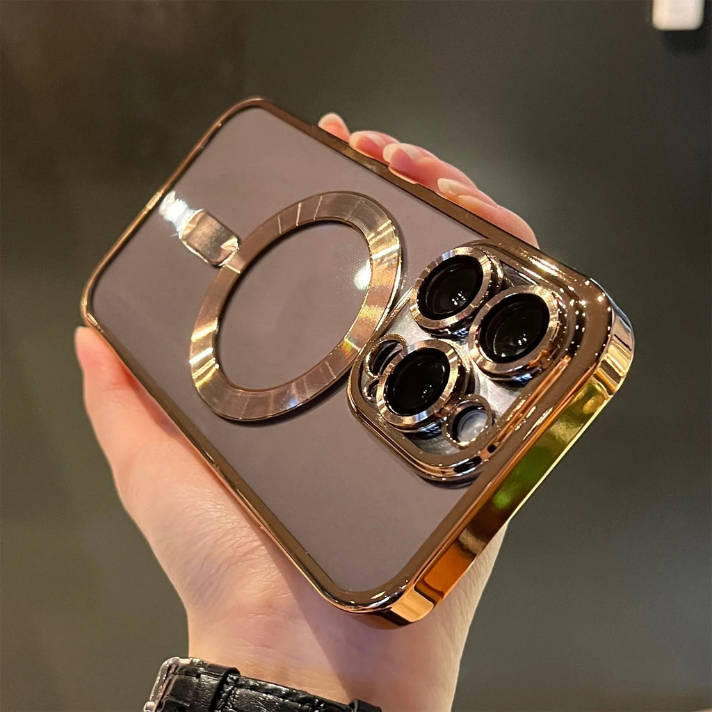 TPU electroplating magnetic phone case for iPhone 15 16 17 series in black showing transparent back and reflective edges