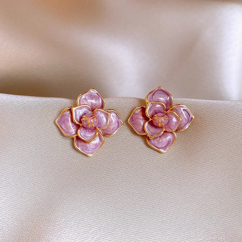 Purple oil-spot glaze flower stud earrings with gold plated silver needle on copper