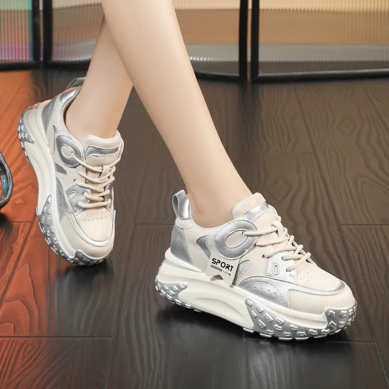 Leather sports casual shoes with thick wedge soles and round toe in multiple colour options