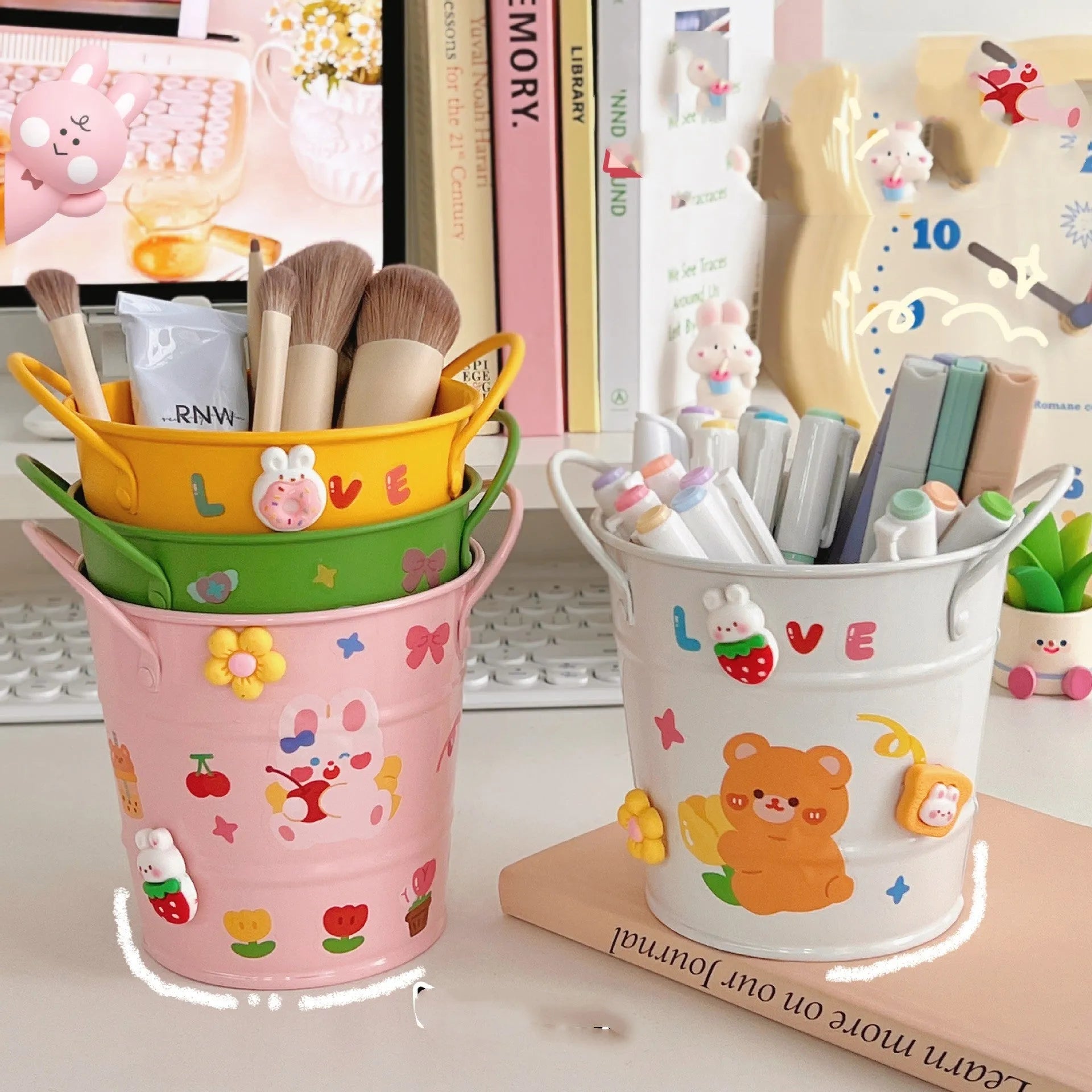 Round metal pen holder for desktop organisation, shown in available colour options including green, pink, and red.